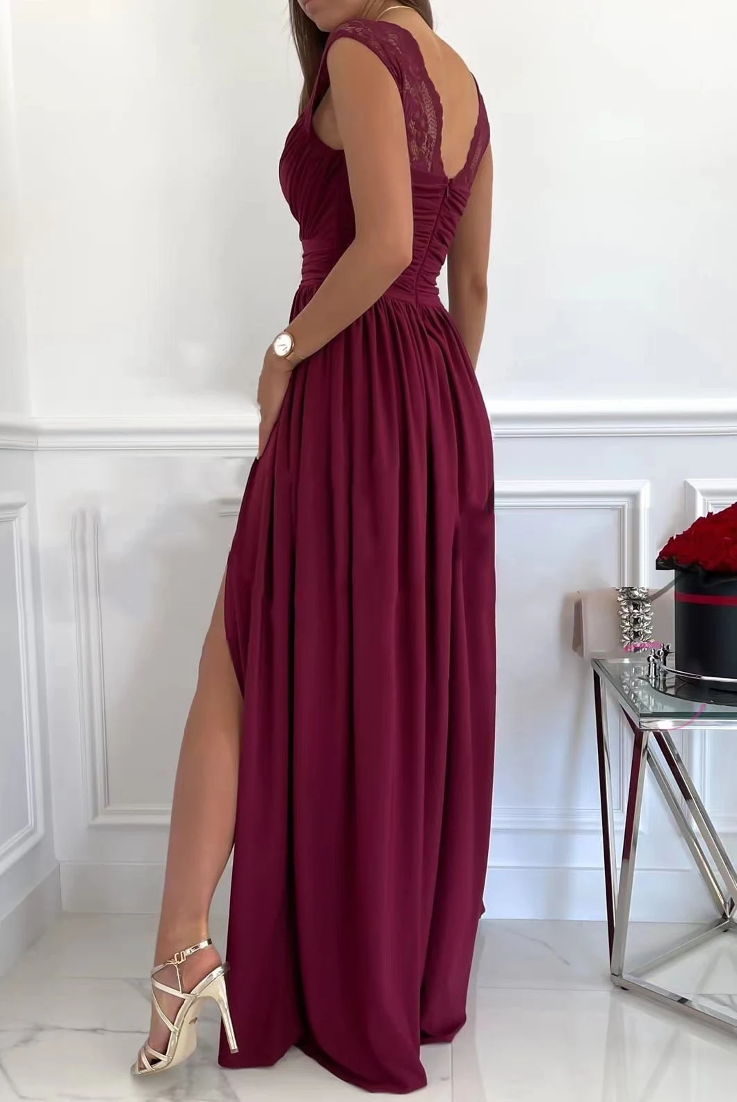 Fashion Slim Backlless Open Fork Hem Dresses Ladies Formal Elegant V Neck Sleeveless Maxi Dress